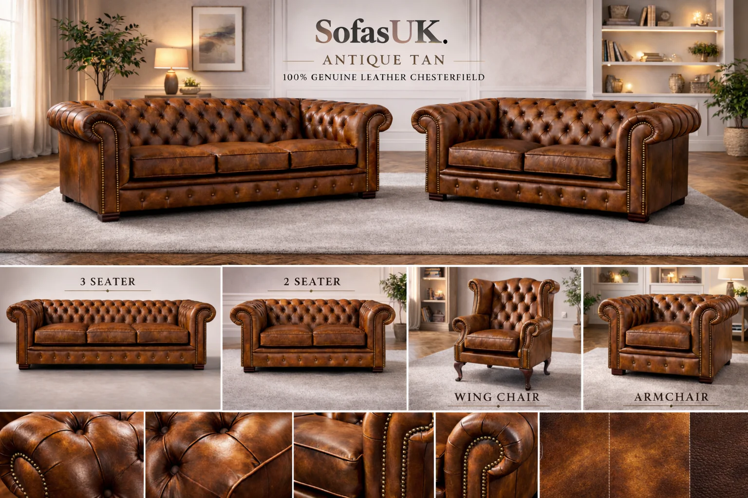 Antique Chesterfield Sofas – Genuine Hide Leather | Exclusive to SofasUK - Image 9