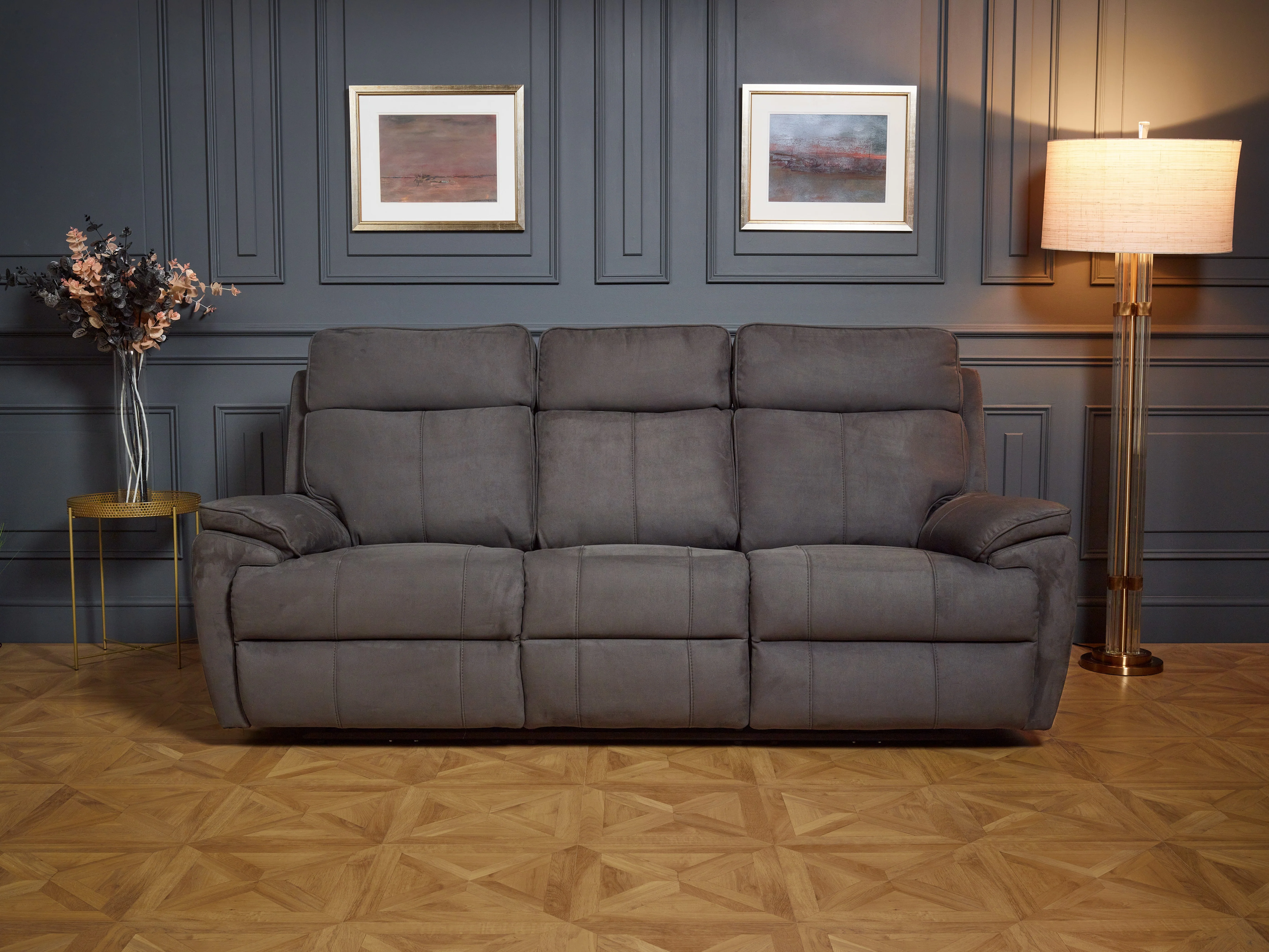Continental Electric Reclining Grey Fabric Suede Sofas - Image 3