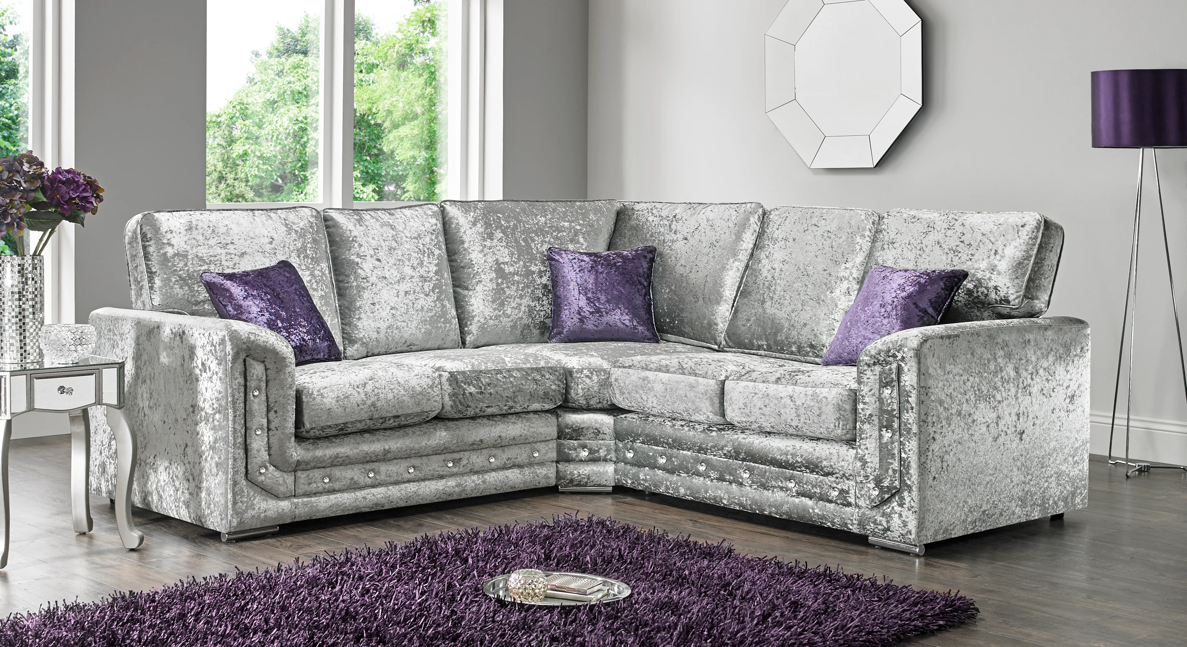 Genuine Crush Velvet 2 Seater Diamond Studs Shimmer Silver Fabric Sofas for Elderly - Image 4