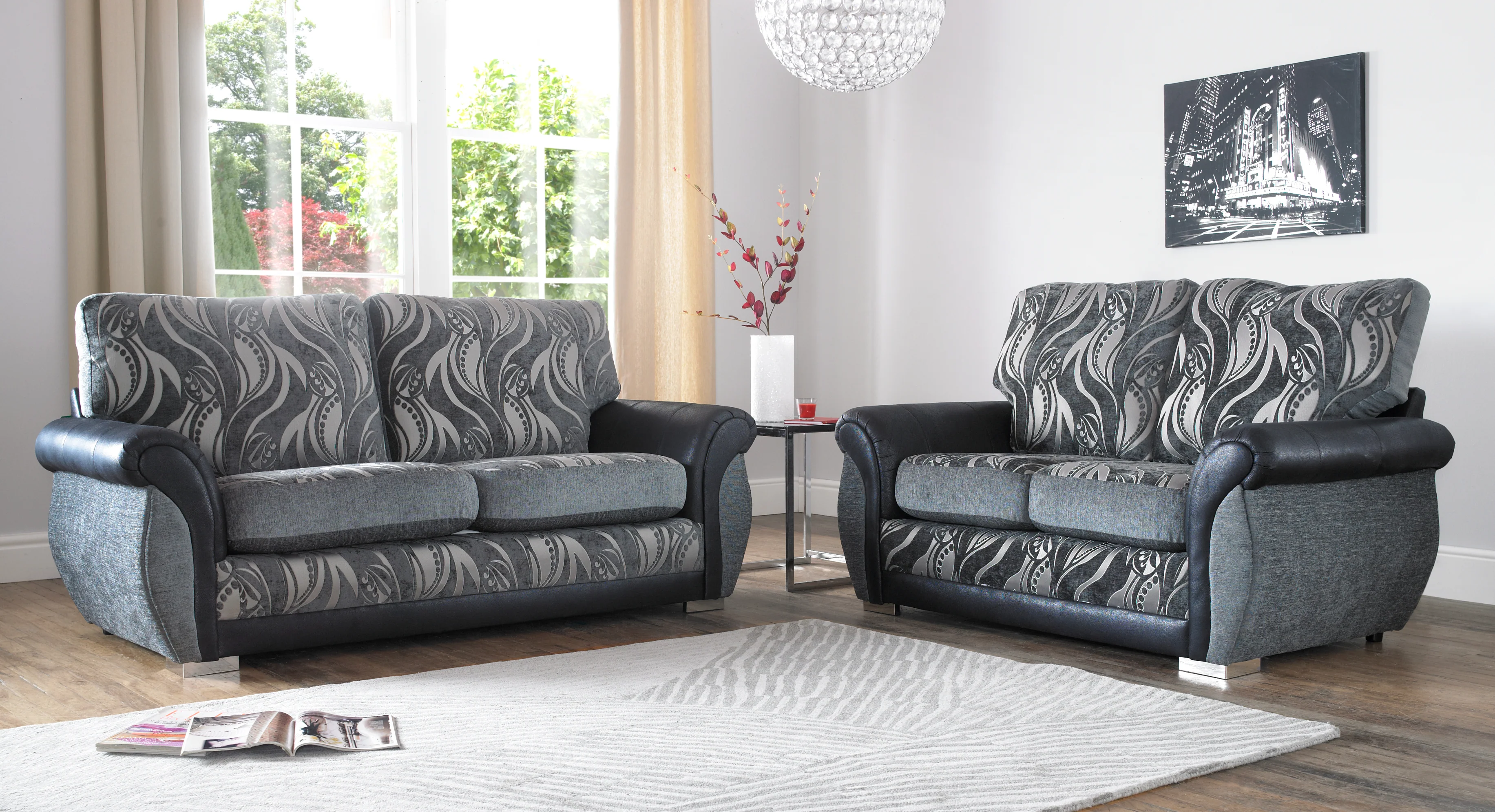 Mandy Handmade 3 Seater Quality Motif Fabric And Black Leather Sofa - Image 3